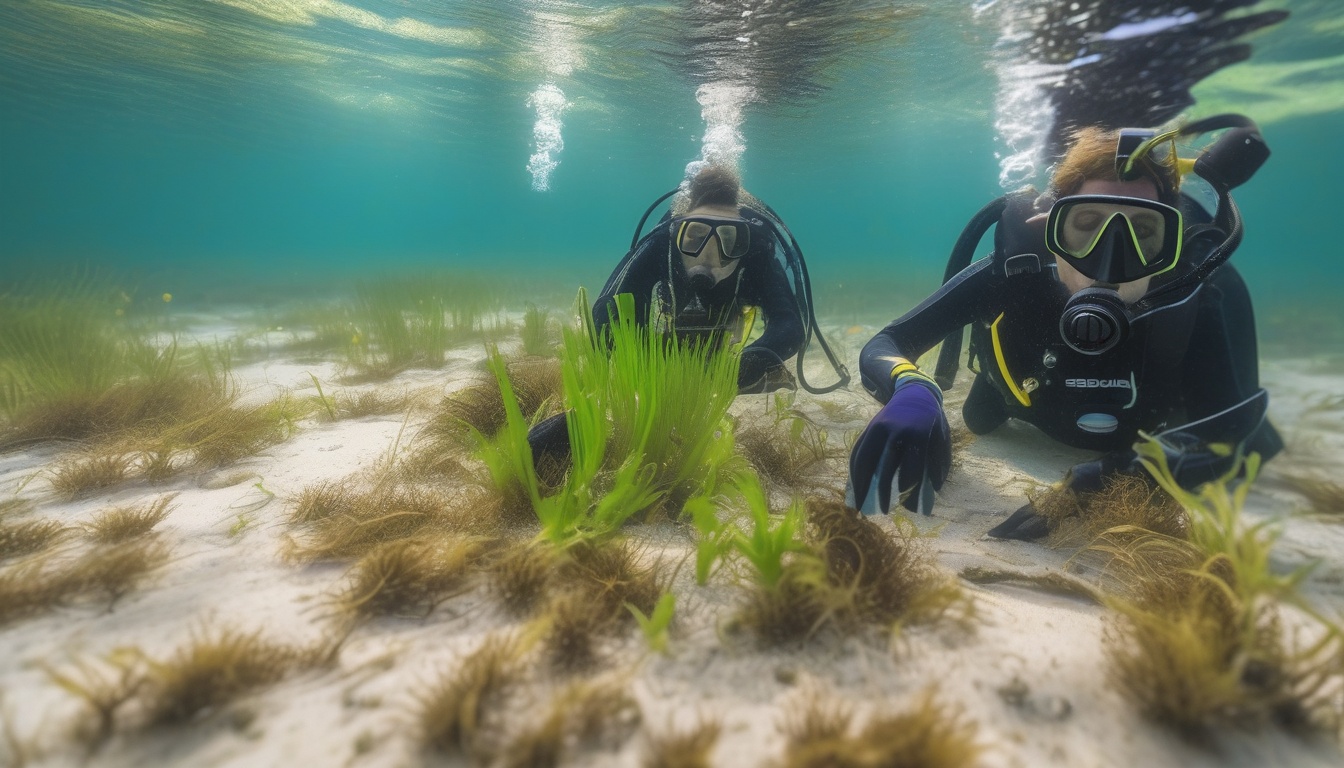 砂地の海底にアマモの苗を移植するダイバーたち