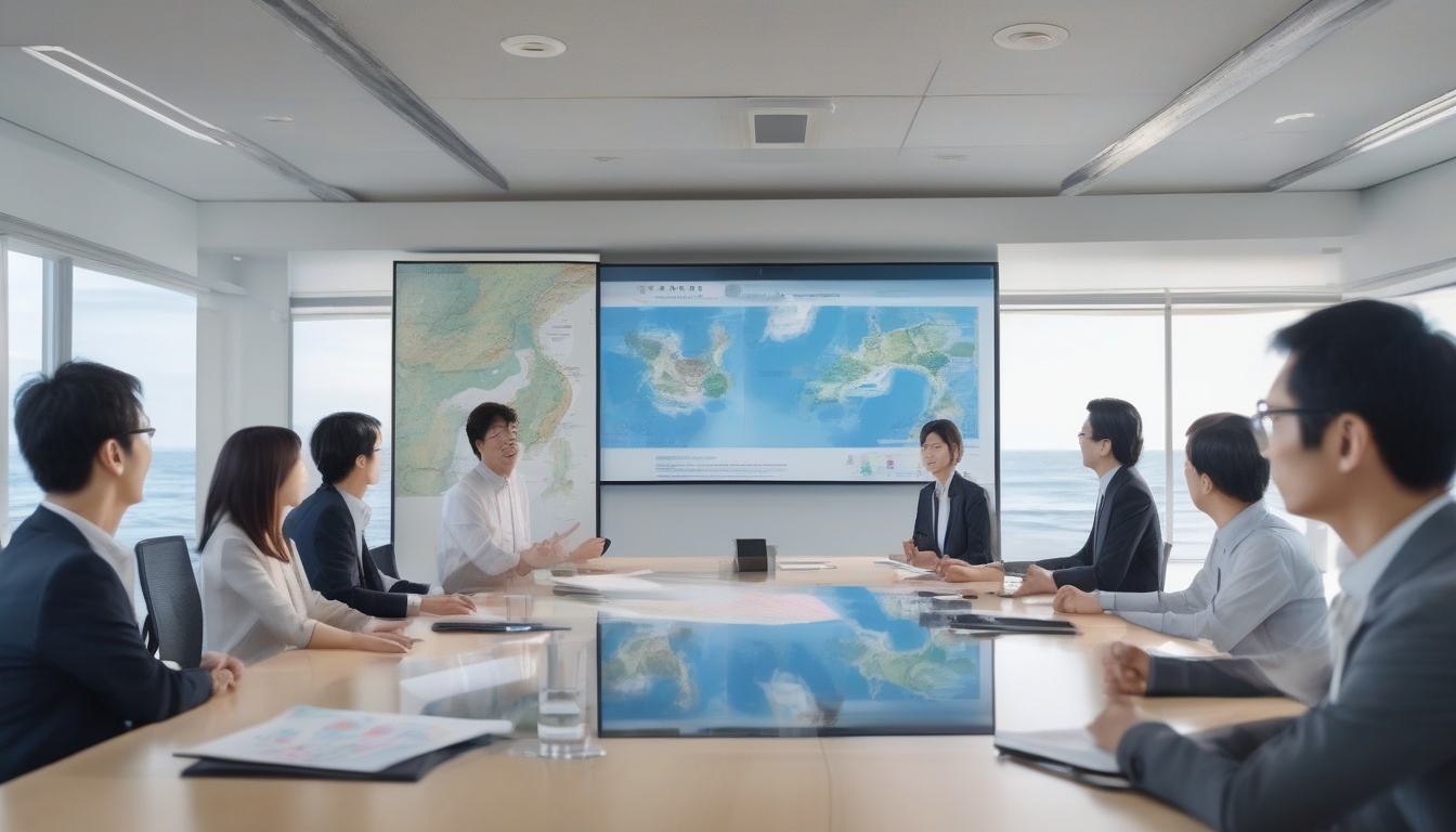 海洋カーボンオフセット戦略を会議室で発表する企業のサステナビリティ担当チーム
