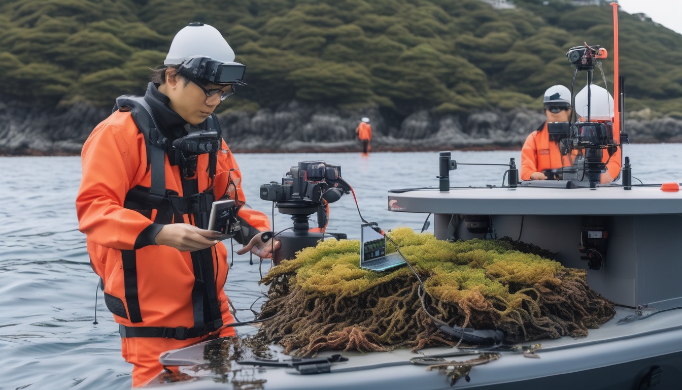 調査船から水中ドローンを投入し藻場を計測する海洋研究者